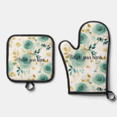 Mint Groen Wit Goud Roos Bloemen Ovenwant & Pannenlap Set (Voorkant)