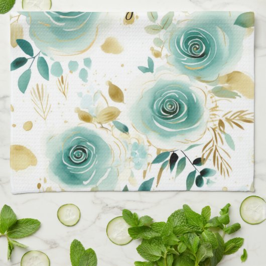Mint Groen Wit Goud Roos Bloemen Theedoek (Gevouwen)