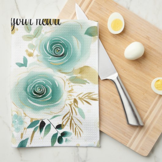 Mint Groen Wit Goud Roos Bloemen Theedoek (Quarter Fold)