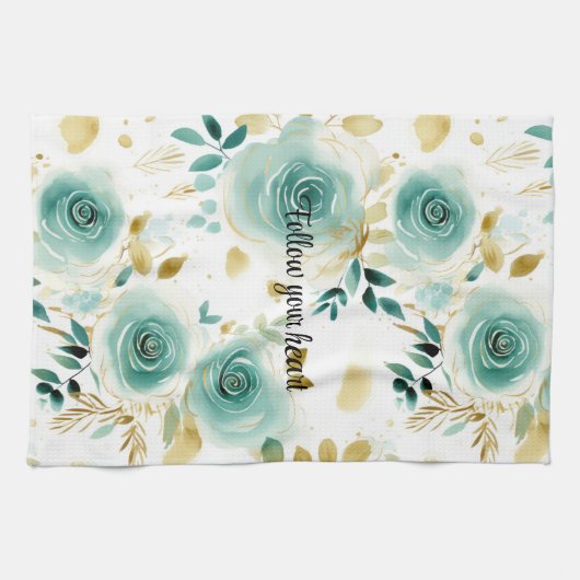Mint Groen Wit Goud Roos Bloemen Theedoek (Horizontaal)