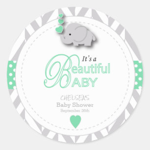 Mint groen, wit grijs olifant Baby shower Ronde Sticker