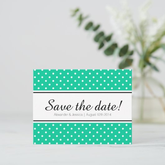 Mint groen & wit polkadot save the date briefkaart (Staand voorkant)