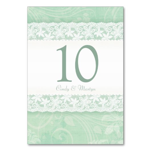 Mint groen witte kant print trouwtafel nummer kaart (Voorkant)