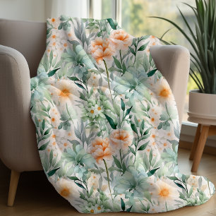 Mint Groene Blush Perzik Lente Waterverf Bloemen Fleece Deken