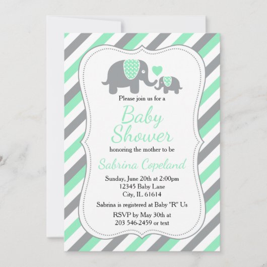 Mint Groene en Grijze Olifant 🐘 | BABY SHOWER Kaart (Voorkant)