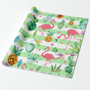 Mint-groene en witte tropische bloemen en flamingo cadeaupapier