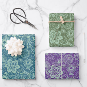 Mint-Groene Floral Lace drie achtergrondkleuren Inpakpapier Vel