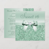 Mint Groene pailletten, Bow & Diamond Sweet 16 Kaart (Voorkant / Achterkant)
