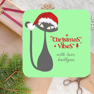 Mint Groene Retro Atomic Zwarte Kat Kerstmis Vierkante Sticker