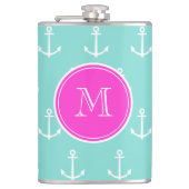 Mint-groene witte ankers, warmroze monogram heupfles (Voorkant)