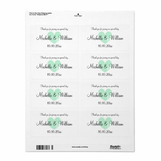 Mint hart gunst bruiloft water fles labels (Full Sheet)