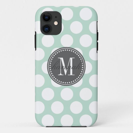 Mint & houtskool | Big Polka Dots Monogramed Case-Mate iPhone Case (Achterkant)