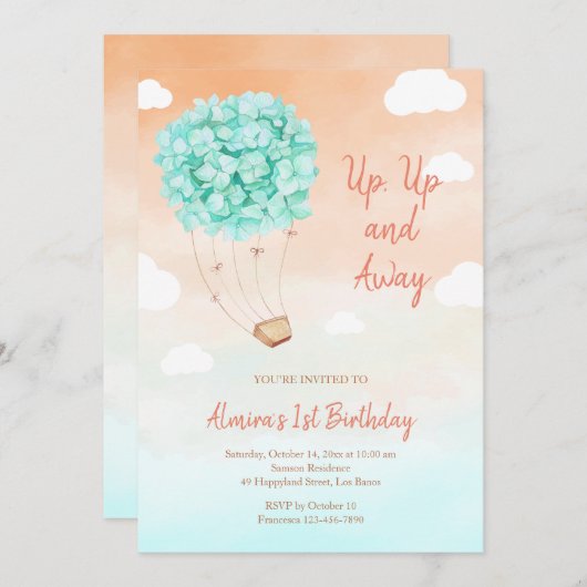 Mint Hydrangea Ride Birthday Uitnodiging (Voorkant / Achterkant)