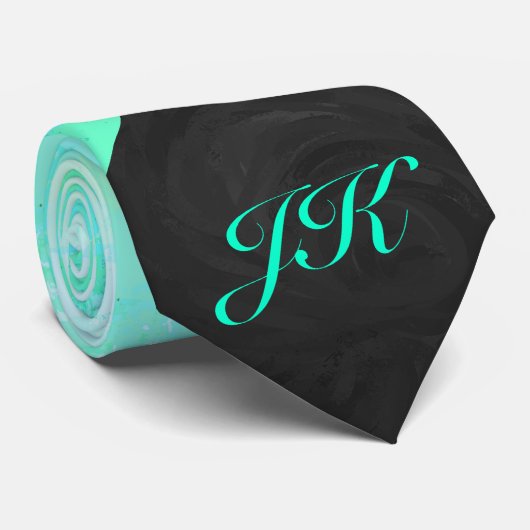 Mint Ice Blauw en Zwarte Monogram Stropdas (Opgerold)