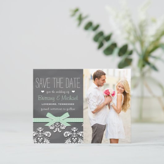 Mint Krijtbord Kant Bow Save the Date Briefkaart (Staand voorkant)