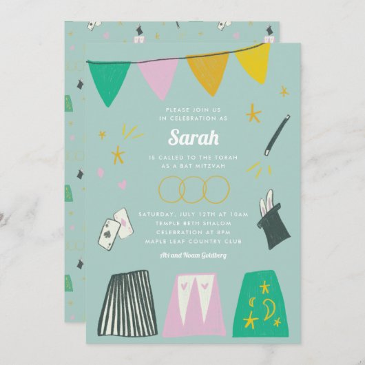 Mint Magic Show Bar Bat Mitzvah Uitnodiging (Voorkant / Achterkant)