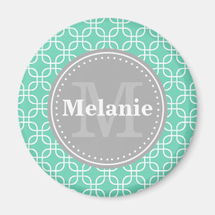Mint Modern Squares Pattern Gray Monogram Magneet