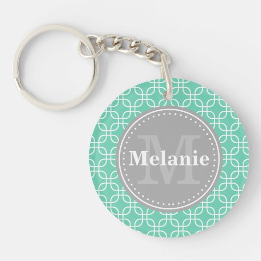 Mint Modern Squares Pattern Gray Monogram Sleutelhanger (Voorkant)