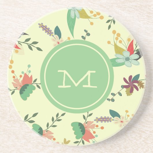 Mint Monogram Floral Zandsteen Onderzetter (Voorkant)