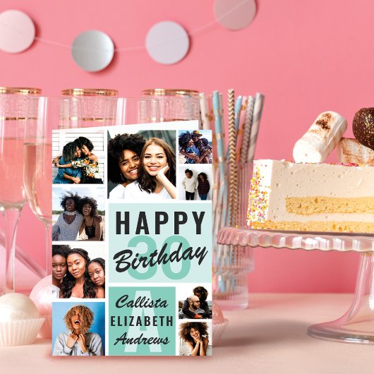 Mint Monogram Foto Collage Happy Birthday Kaart