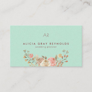 Mint Monogram Waterverf Bloemen Bruiloft Planner Visitekaartje