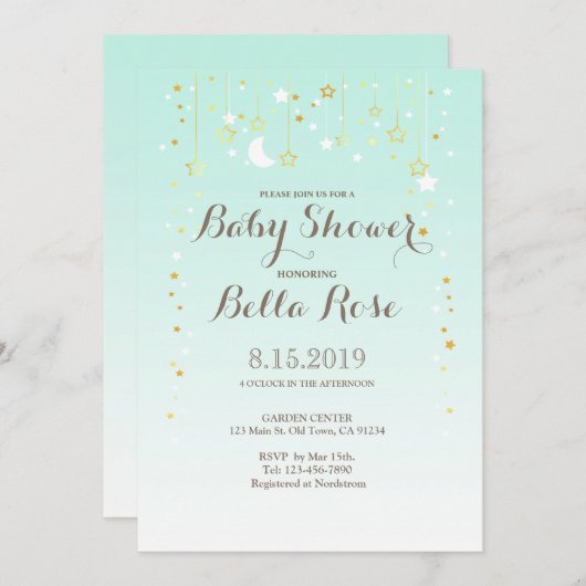 Mint Moon Star Genderneutraal Baby shower Uitnodig Kaart (Voorkant / Achterkant)