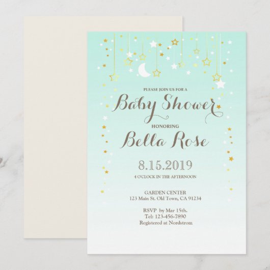 Mint Moon Star Genre Neutre Baby shower Invitation (Devant / Derrière)