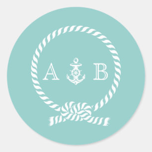 Mint Nautical Rope en Anchor Monogram Ronde Sticker