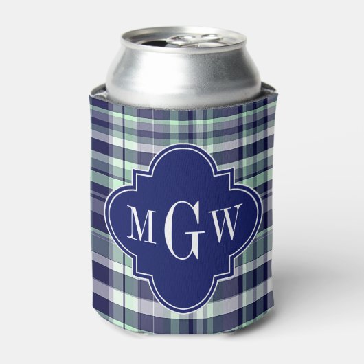 Mint Navy White Preppy Madras Quatrefoil Monogram Blikjeskoeler (Blikje Voorkant)