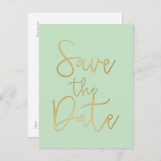 Mint & Or ÉCONOMISER LA DATE Modern Script Carte P (Devant / Derrière)
