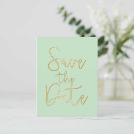 Mint & Or ÉCONOMISER LA DATE Modern Script Carte P (Debout devant)