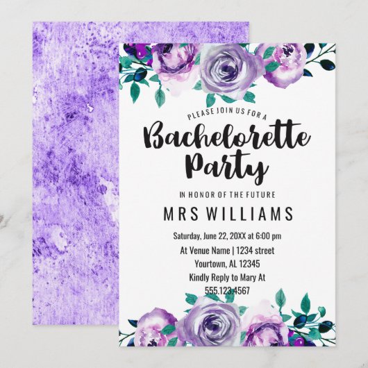 Mint & Paarse Bloemen Bachelorette Feestuitnodigin Kaart (Voorkant / Achterkant)