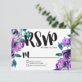 Mint & Paarse Bloemen Roos Bruiloft RSVP Reactie (Staand voorkant)
