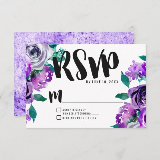 Mint & Paarse Bloemen Roos Bruiloft RSVP Reactie (Voorkant / Achterkant)