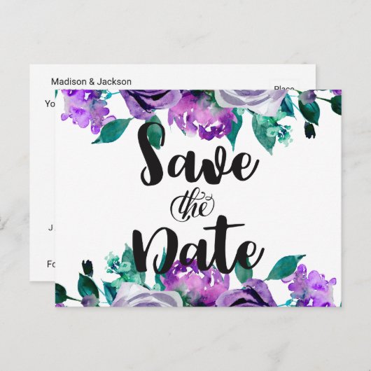 Mint & Paarse Bloemen Roos Bruiloft Save the Date Aankondigingskaart (Voorkant / Achterkant)