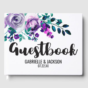 Mint & Paarse Bloemen Waterverf Bruiloft Monogram Gastenboek