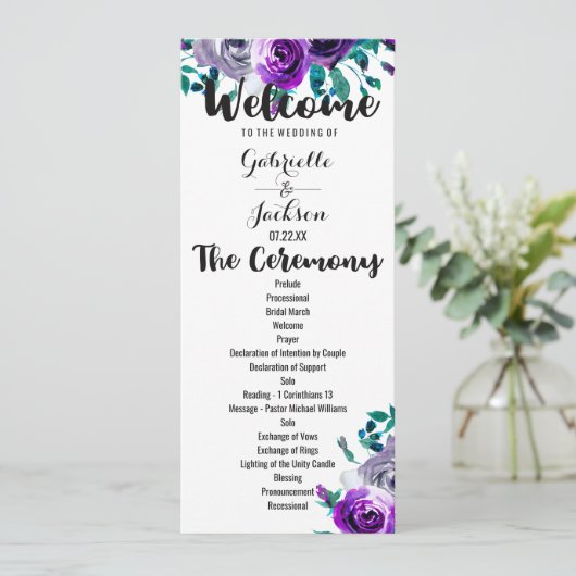 Mint & Paarse Bloemen Waterverf Trouwprogramma Programma (Staand voorkant)