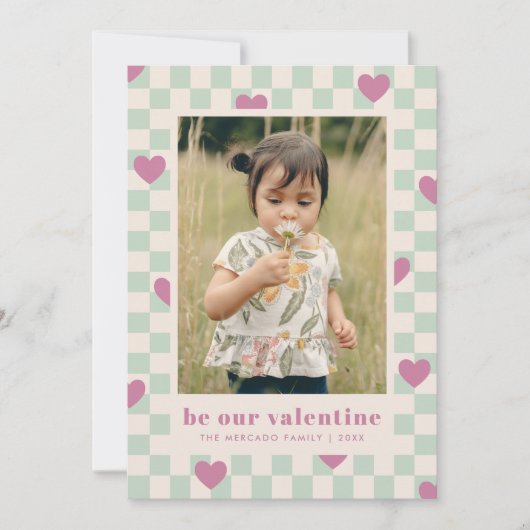 Mint Paarse Checkerboard Hearts Valentijn Kaart (Voorkant)