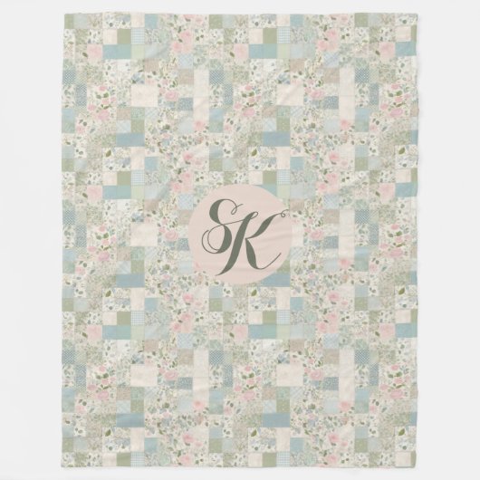 Mint patchwork monogram fleece deken (Voorkant)