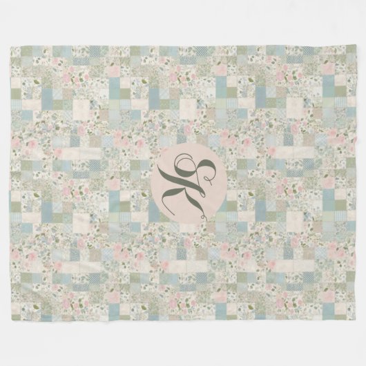 Mint patchwork monogram fleece deken (Voorkant (Horizontaal))