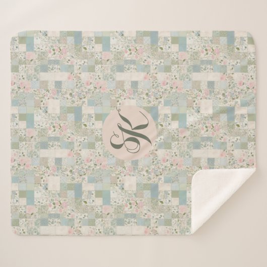 Mint patchwork monogram sherpa deken (Voorkant (horizontaal))