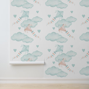 Mint Peach Kites Clouds Hearts Baby Girl Nursery Behang