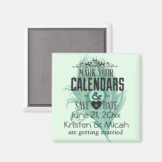 Mint Peacock Feather Save the Date Magneet (Voorkant / Achterkant)