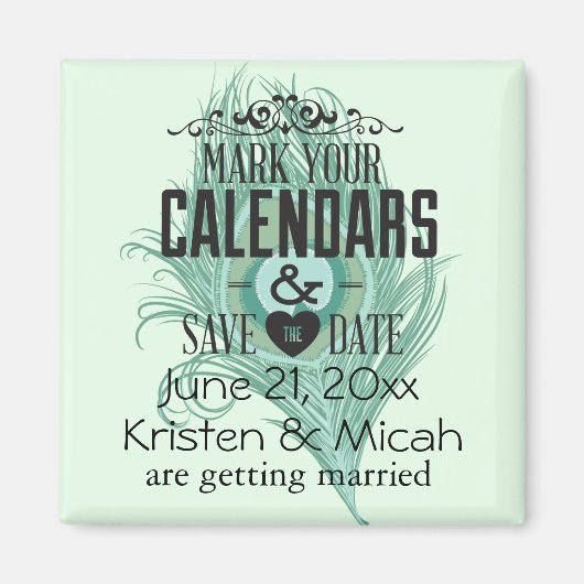 Mint Peacock Feather Save the Date Magneet (Voorkant)