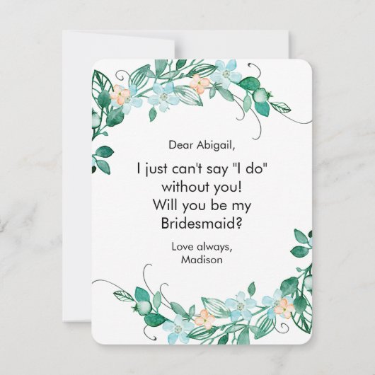 Mint & perzik bloemenkrans zal je bruidsmeisje zij kaart (Achterkant)