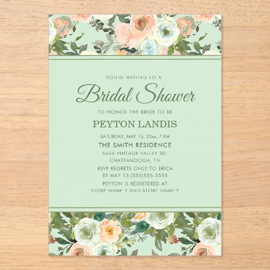 Mint Perzik Waterverf Bloemenboog Vrijgezellenfees Acryl Uitnodigingen (Voorkant)