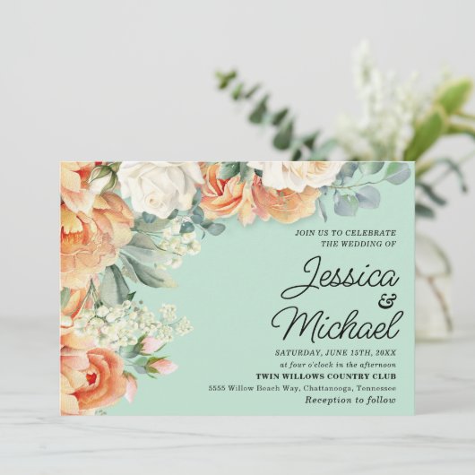 Mint Perzik Wit Bloemen Bruiloft Kaart (Staand voorkant)