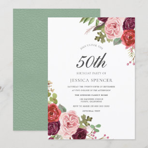 Mint Pink Blush Floral 50th Birthday Party Invite Kaart