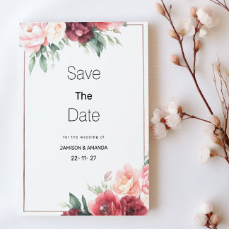 Mint pink burgundy watercolor floral Save The Date Kaart