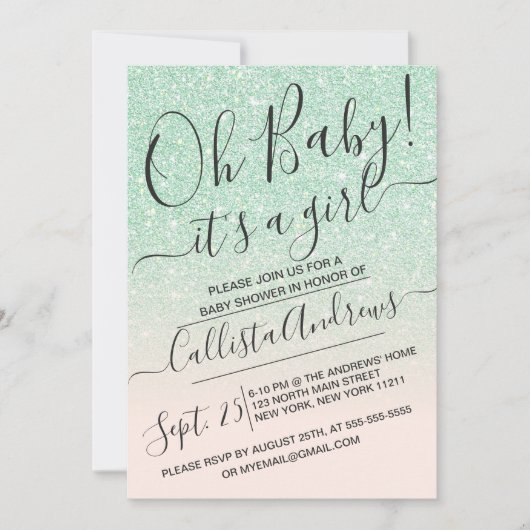 Mint Pink Faux Sparkly Glitter Ombre Baby shower Kaart (Voorkant)